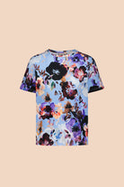 Naisten sininen puuvillapaita kukkakuviolla