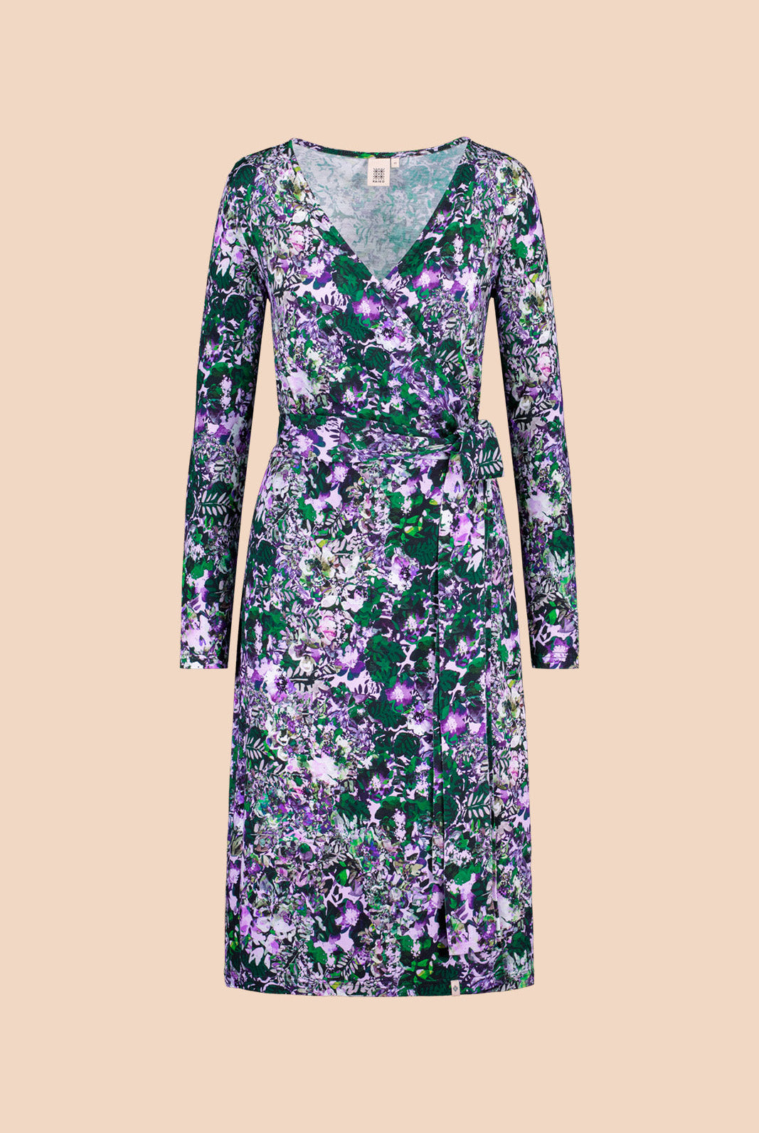 Naisten liilan ja vihreän sävyinen kietaisumekko