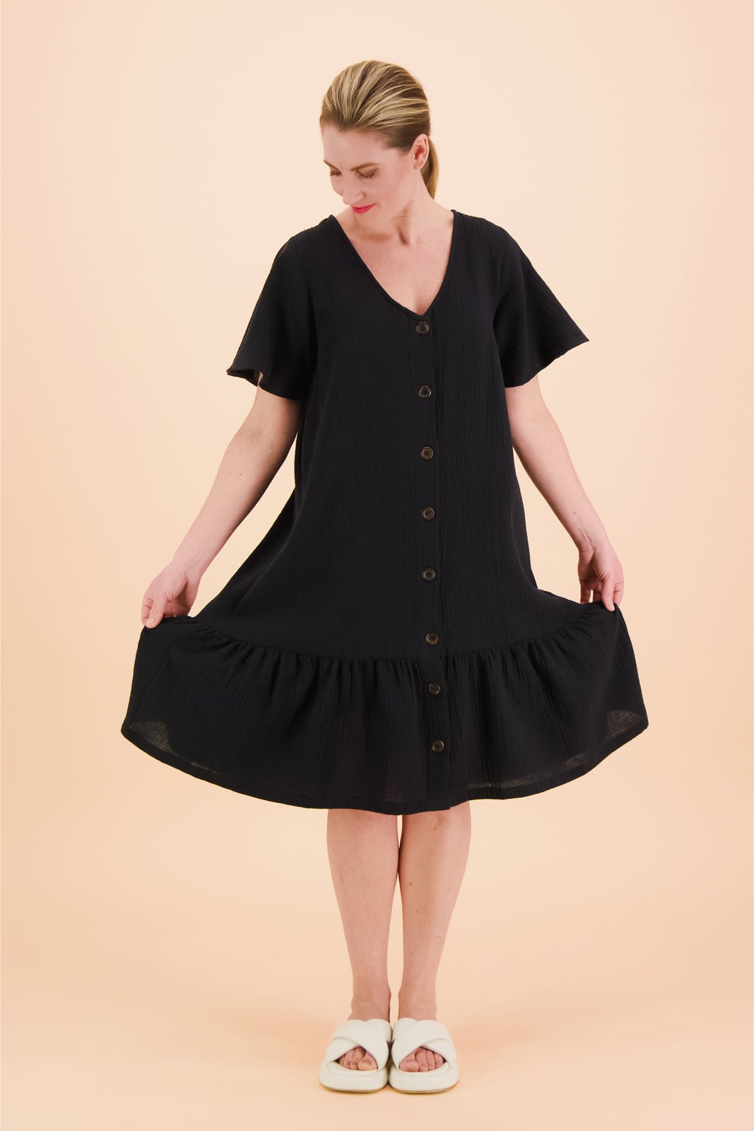 Frill Button Dress, Black - Kaiko Clothing Company Oy