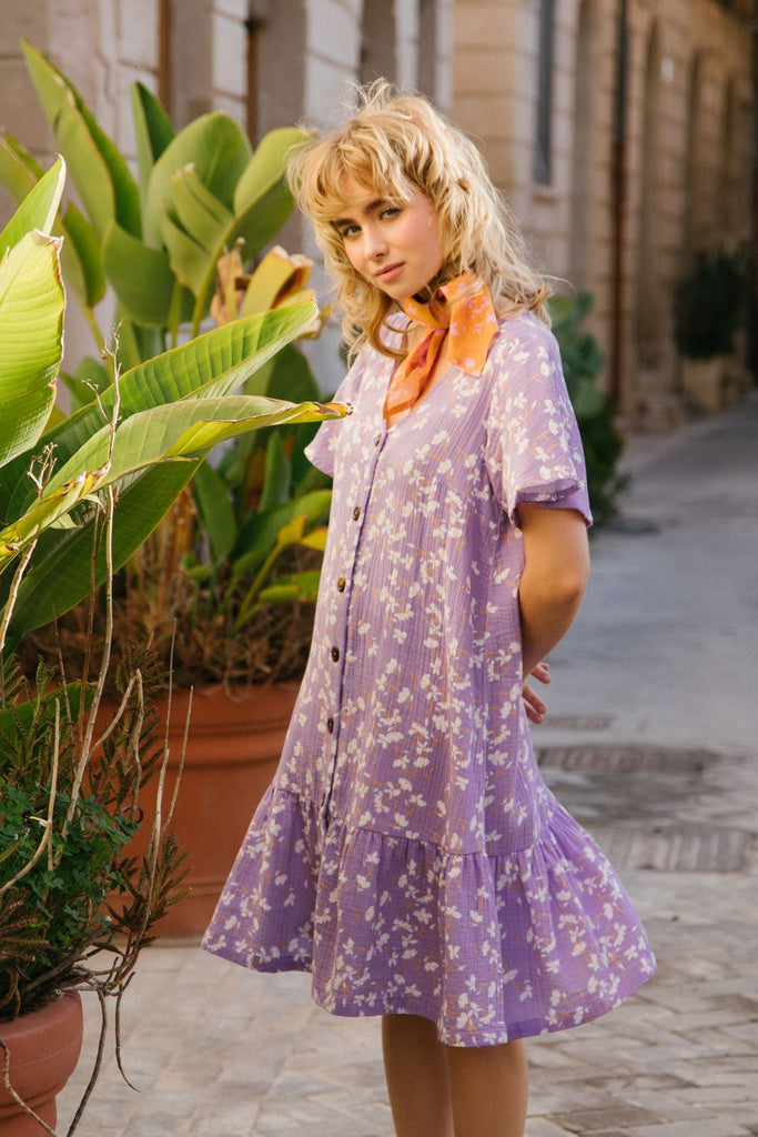 Frill Button Dress, Lavender Garden - Kaiko Clothing Company Oy