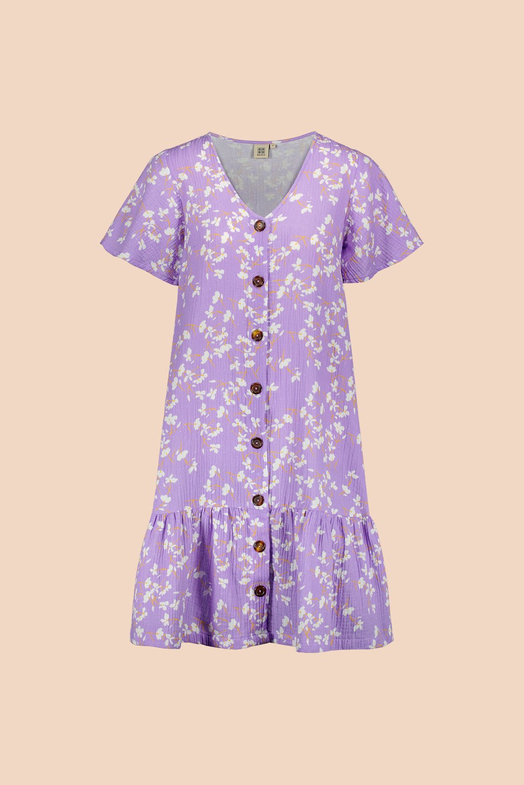 Frill Button Dress, Lavender Garden - Kaiko Clothing Company Oy