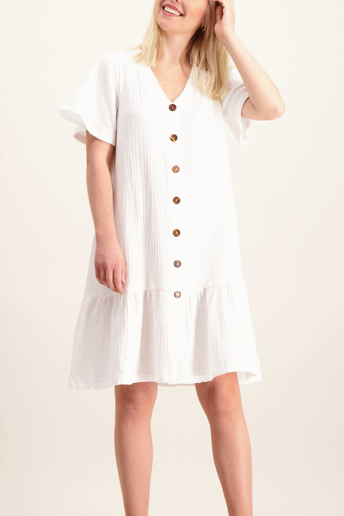 Frill Button Dress, White - Kaiko Clothing Company Oy