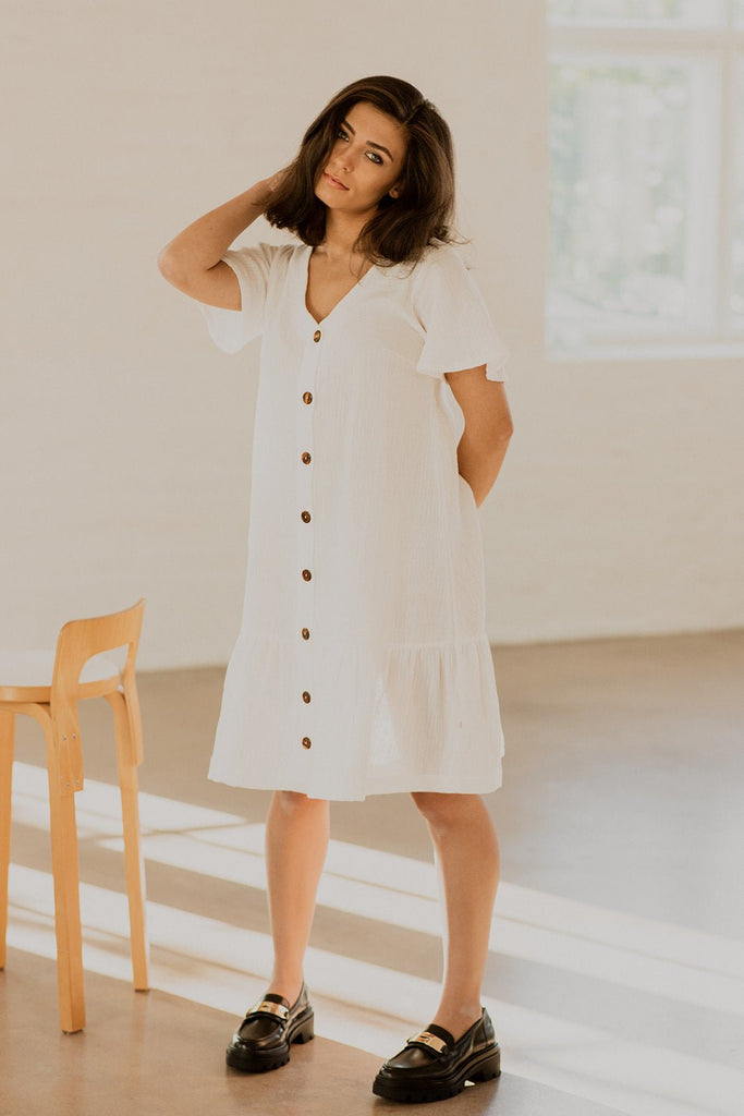 Frill Button Dress, White - Kaiko Clothing Company Oy
