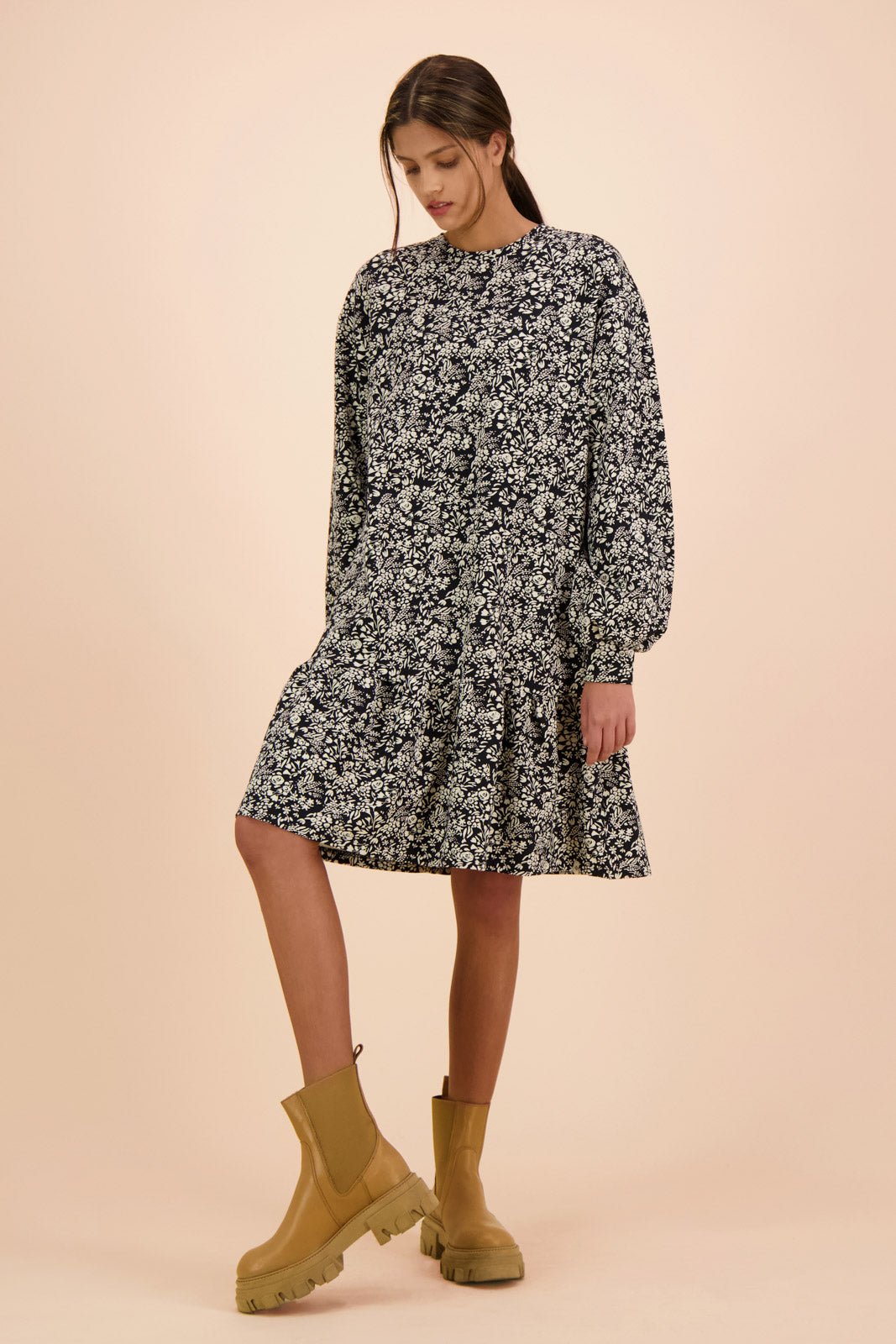 Ruffle Sweatshirt Dress, Night Meadow - Kaiko Clothing Company Oy