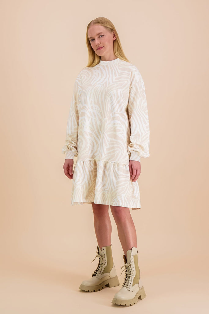 Ruffle Sweatshirt Dress, Zebra Offwhite - Kaiko Clothing Company Oy