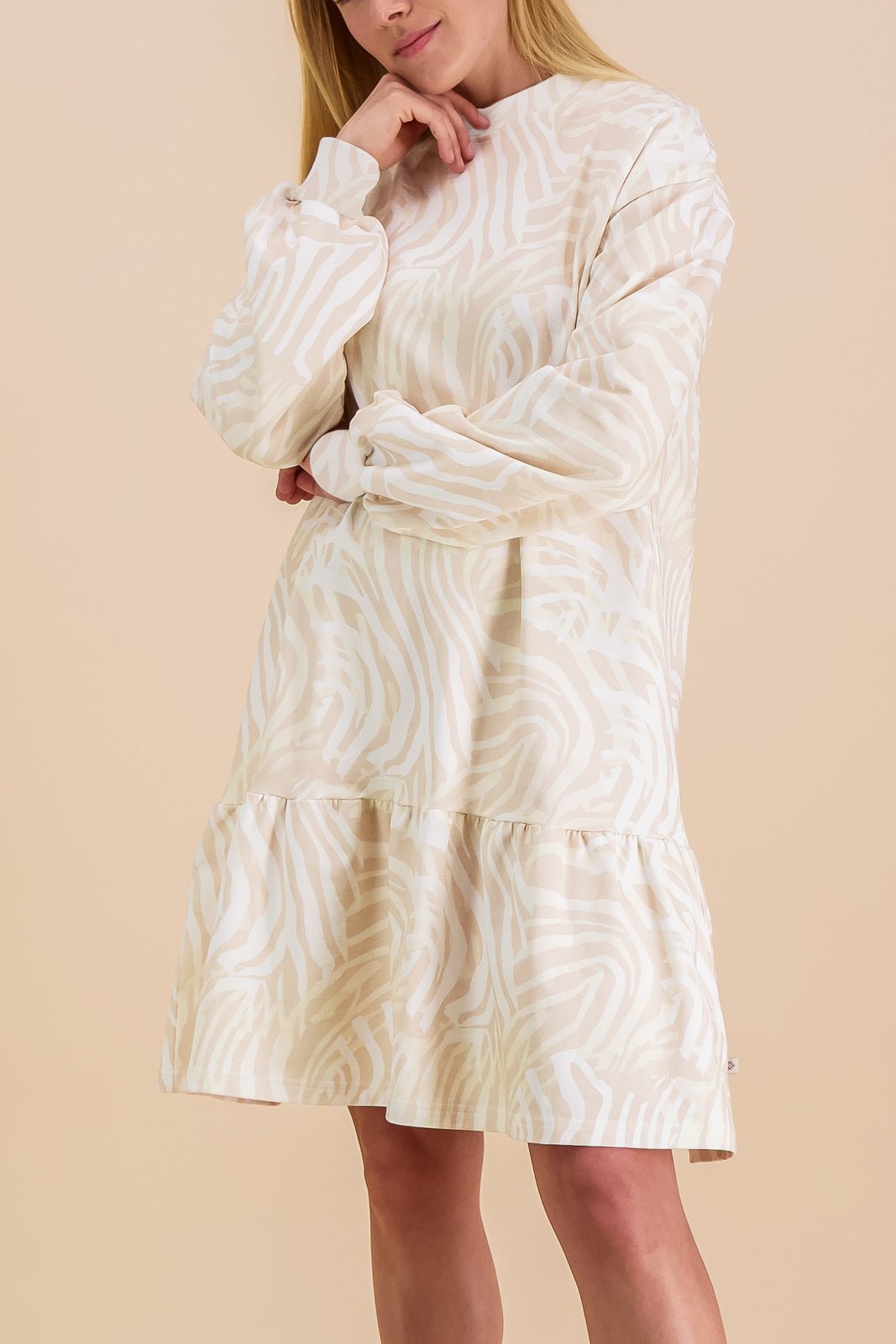 Ruffle Sweatshirt Dress, Zebra Offwhite - Kaiko Clothing Company Oy