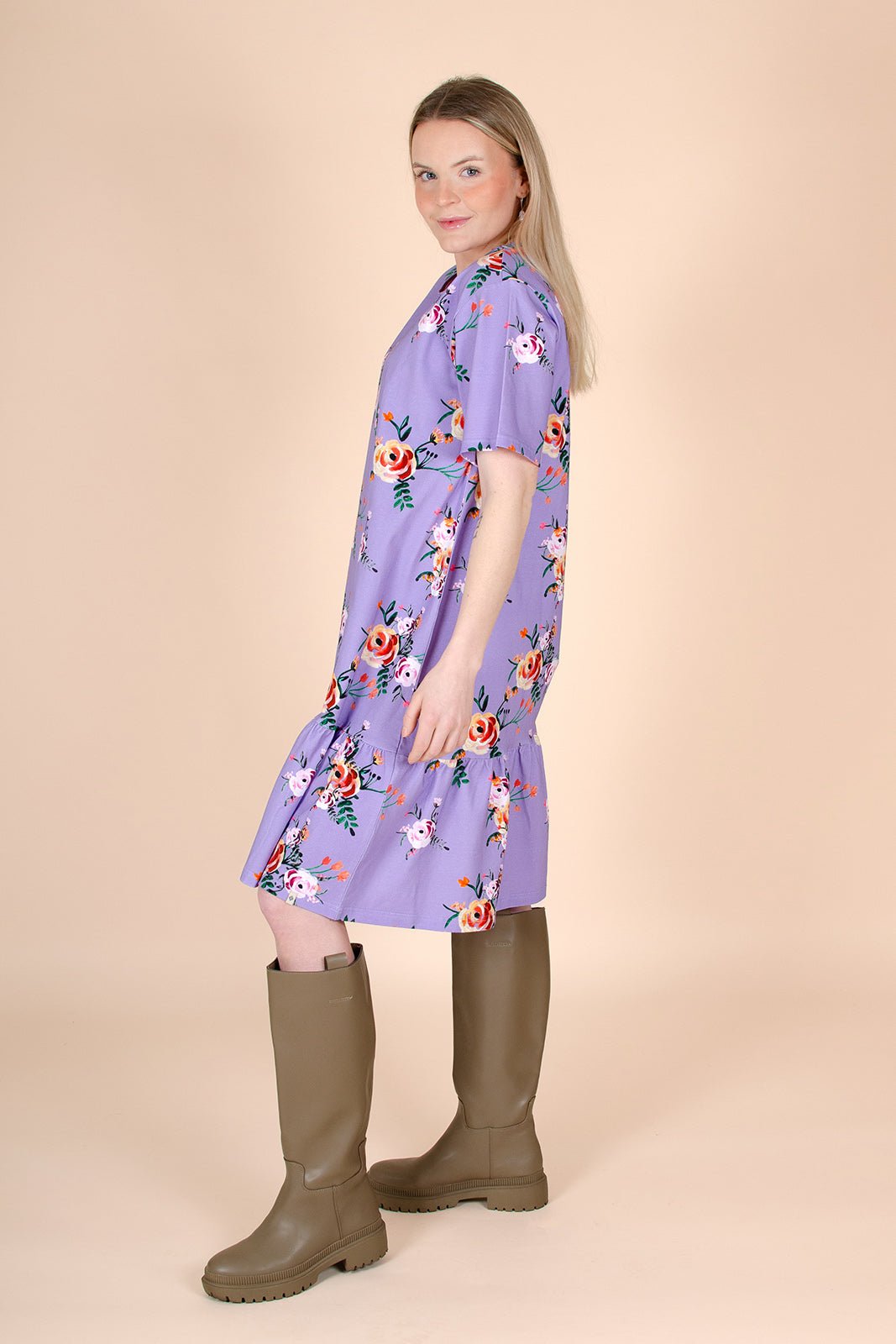 Ruffle T-shirt Dress, Lavender Bloom - Kaiko Clothing Company Oy