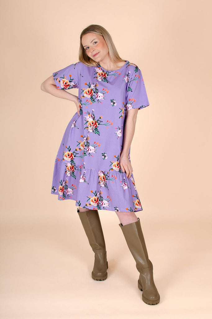 Ruffle T-shirt Dress, Lavender Bloom - Kaiko Clothing Company Oy