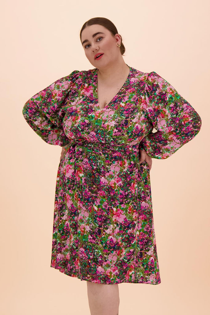 Wrap Mini Dress, Blooming Forest Bright - Kaiko Clothing Company Oy